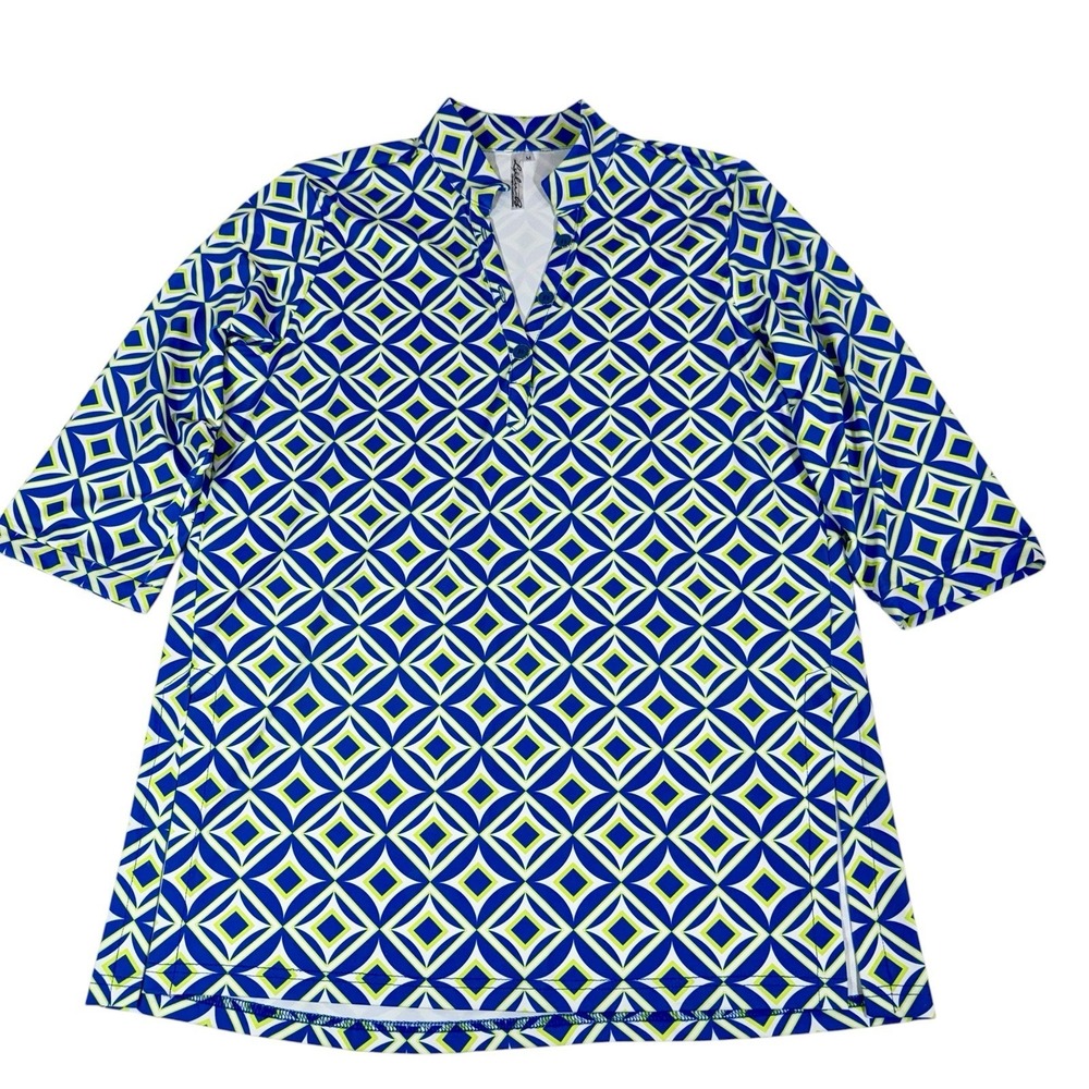 Lulu B Tunic Top With Womens Sz MD‎ Blue V Neck 3/4 Sleeve Split Hem Resort UPF